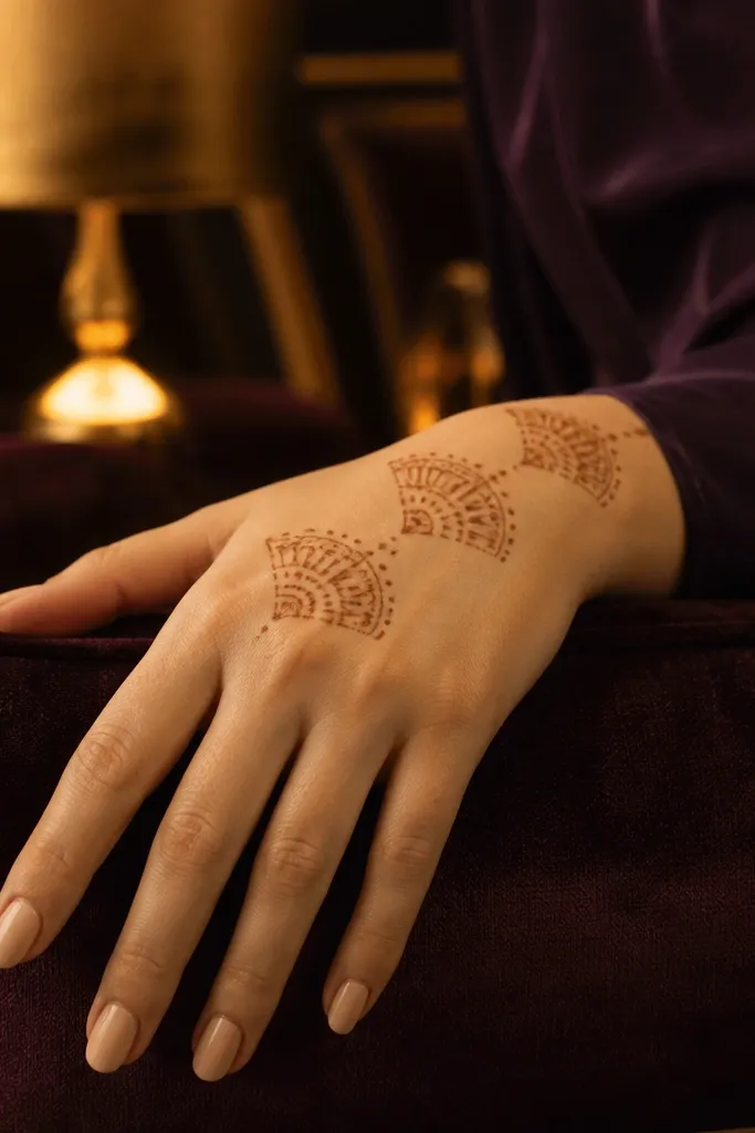 Back hand mehndi with three small fan shapes across the top and thin lines between