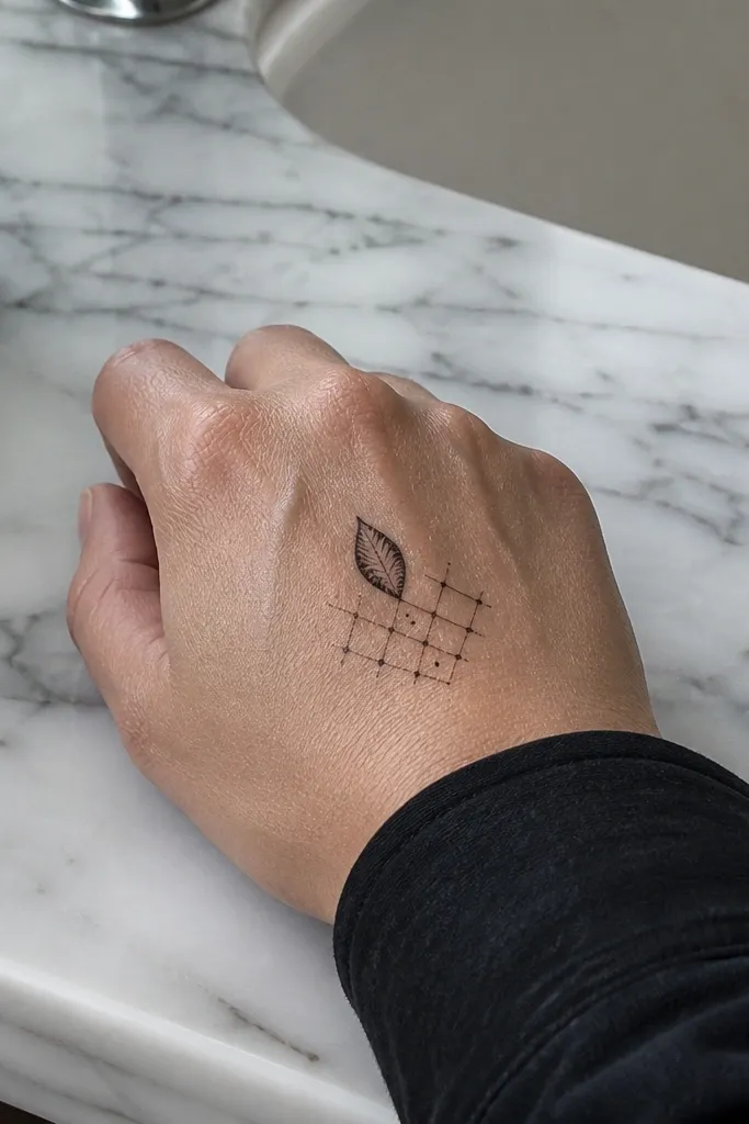 Back hand mehndi with lattice dots near knuckles and a single leaf in the center