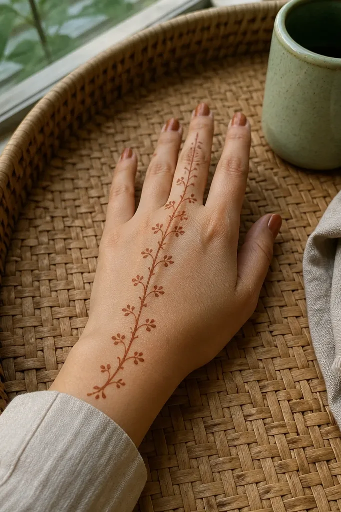 Back hand mehndi with a long vine from wrist to center and small stepped petals on the sides