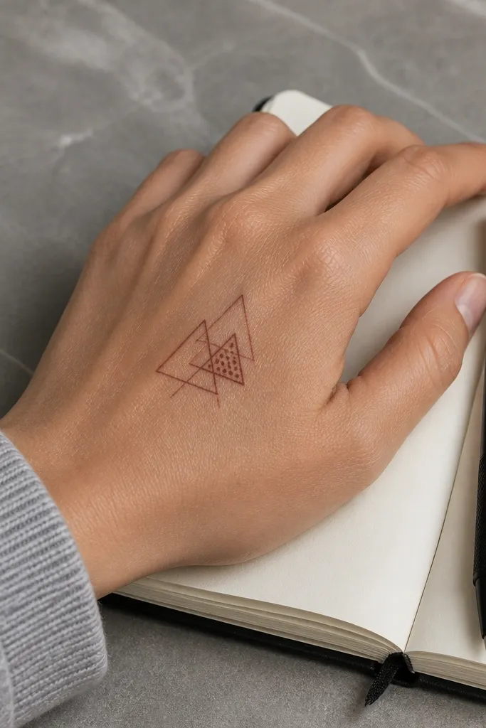 Back hand mehndi with a few geometric triangles and clean single-line borders