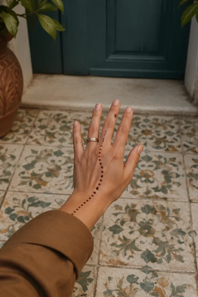 Back hand mehndi with a dotted lace trail and two leaf shapes near the corners
