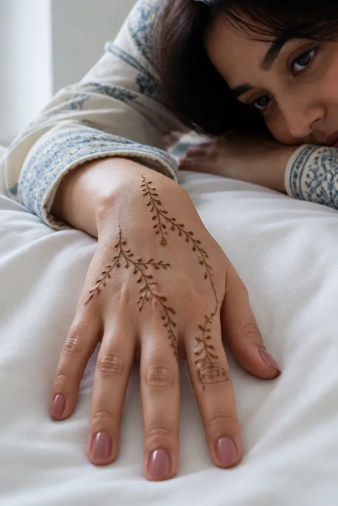 Back hand mehndi with thin vines that stop before finger gaps and a teardrop at the wrist