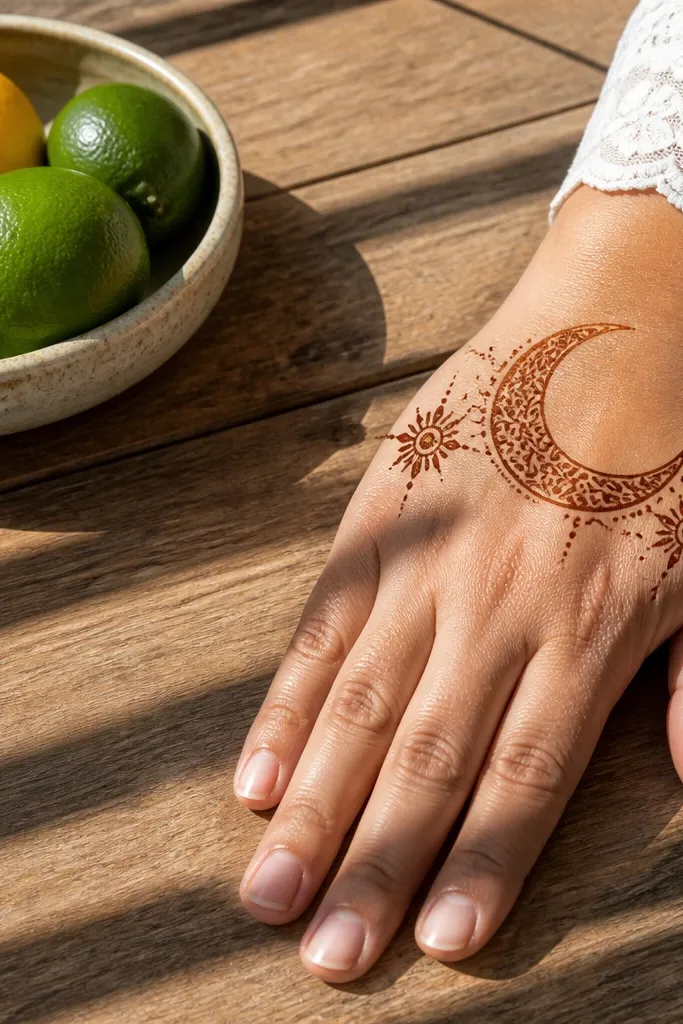 Back hand mehndi with a crescent band and small swirl star shapes on the sides