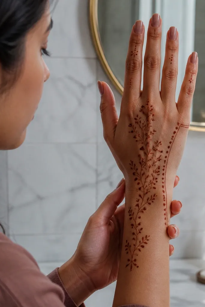 Back hand mehndi with a frame line near the palm edge and tiny vines going upward