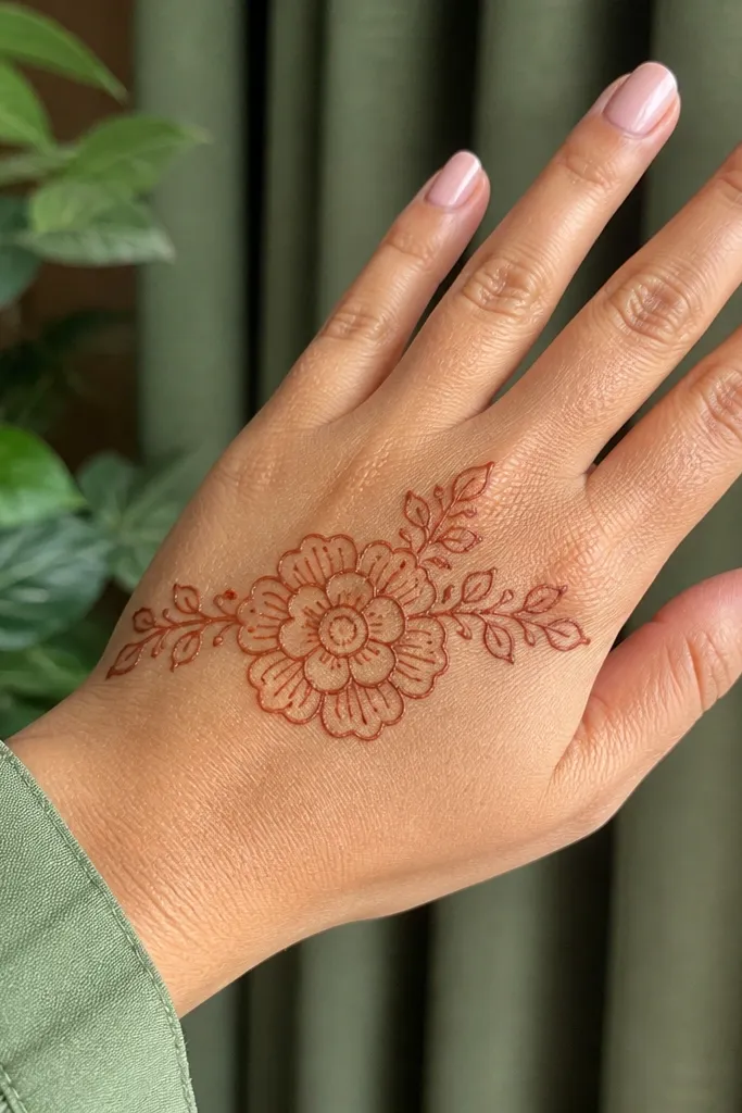 Back hand mehndi with a small peony center and short side vines
