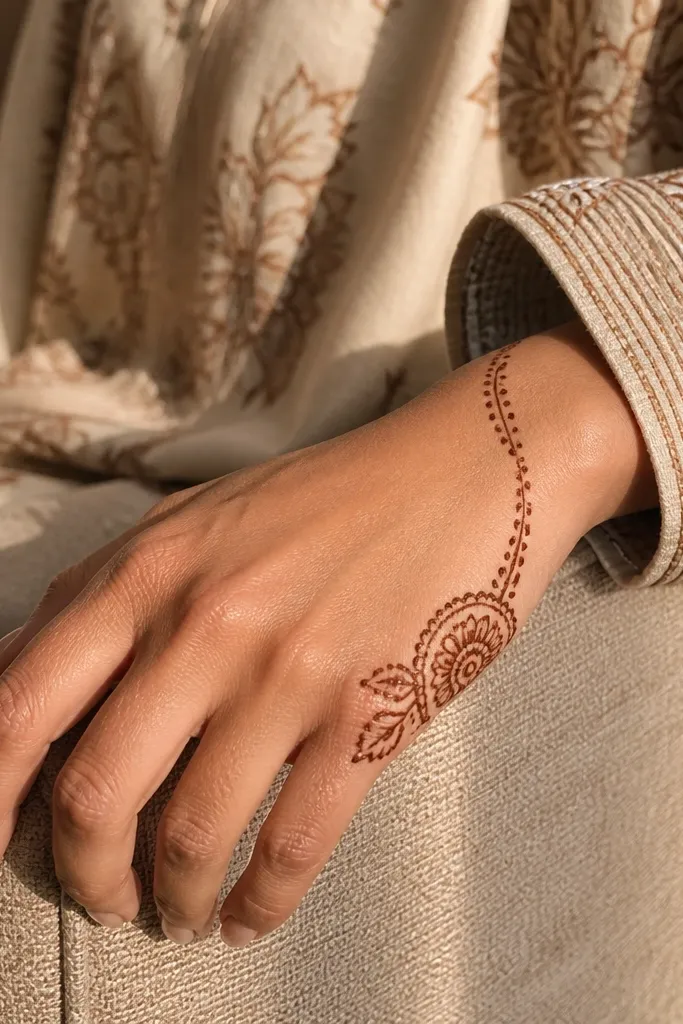 Back hand mehndi with a small wrist mandala and two tiny arches toward the top