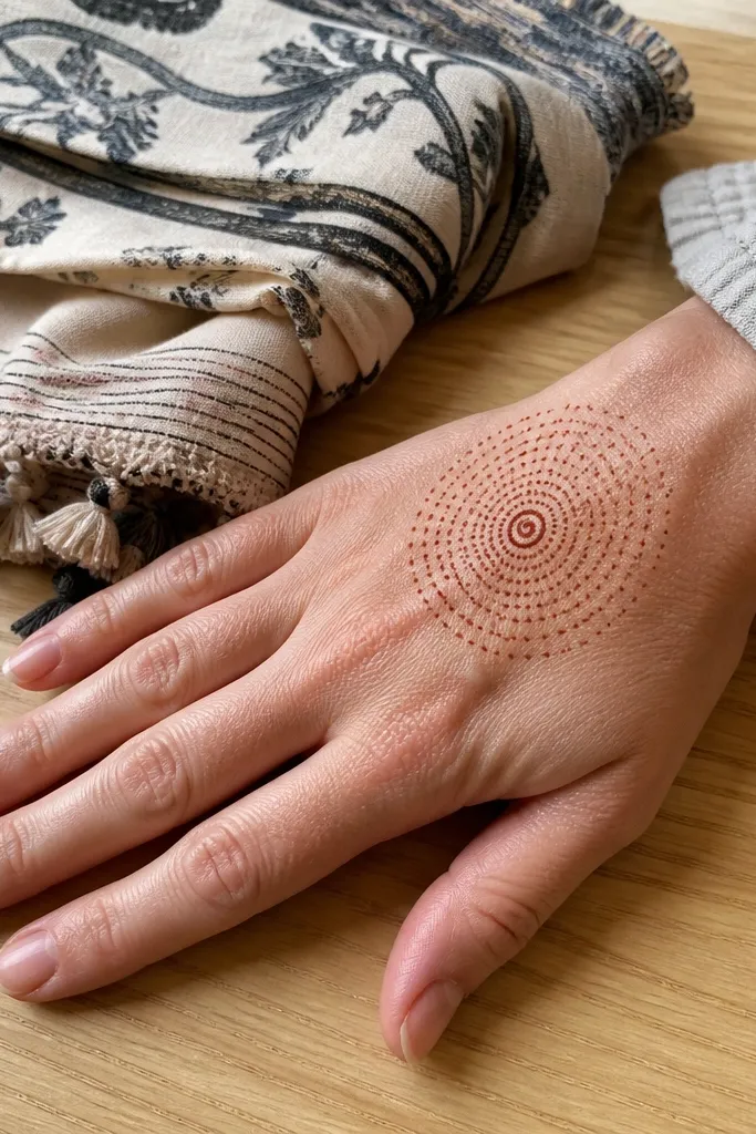 Back hand mehndi with a dot grid pattern and a center spiral motif