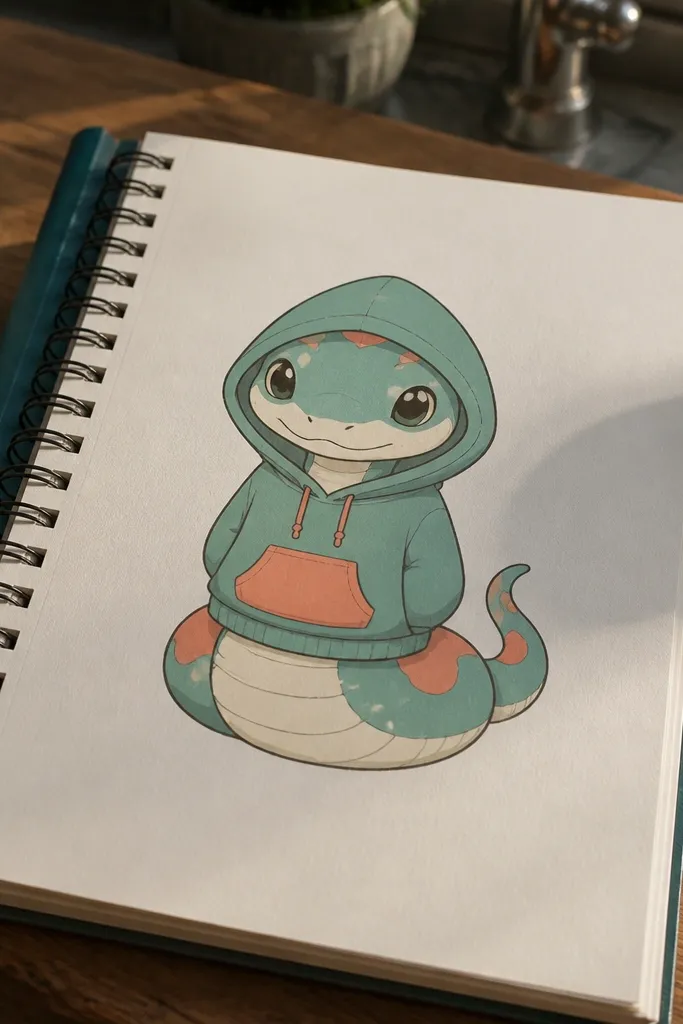 Cute snake with a big hoodie, round eyes, and a tiny smile
