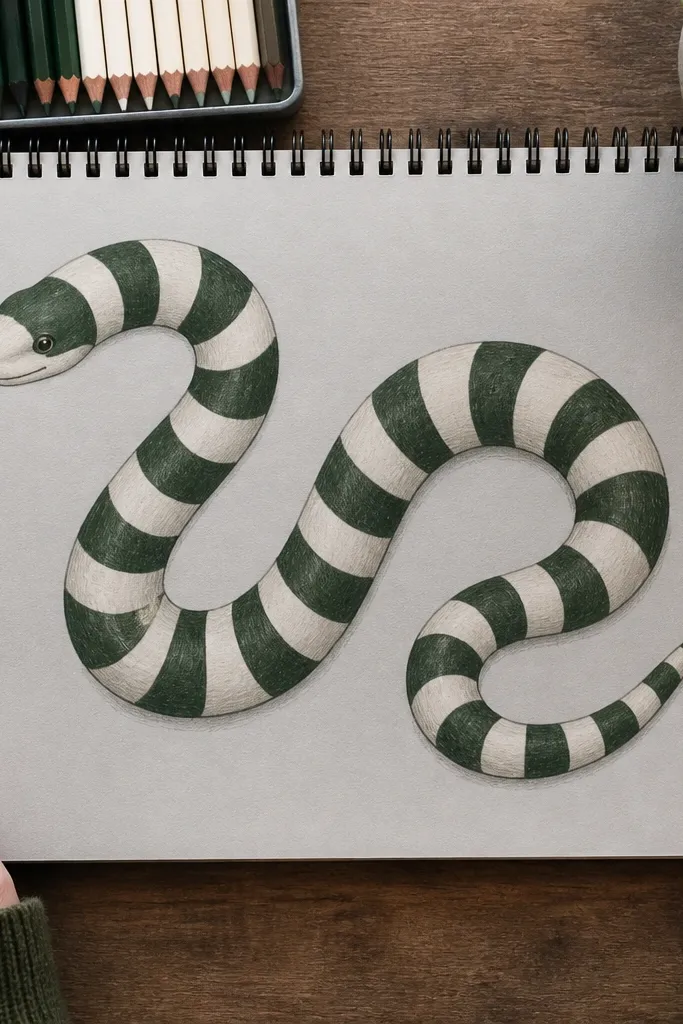 Cartoon snake with bold stripes and a friendly face