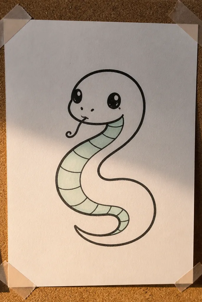 Cute snake with a curled tongue, big eyes, and a simple wavy body