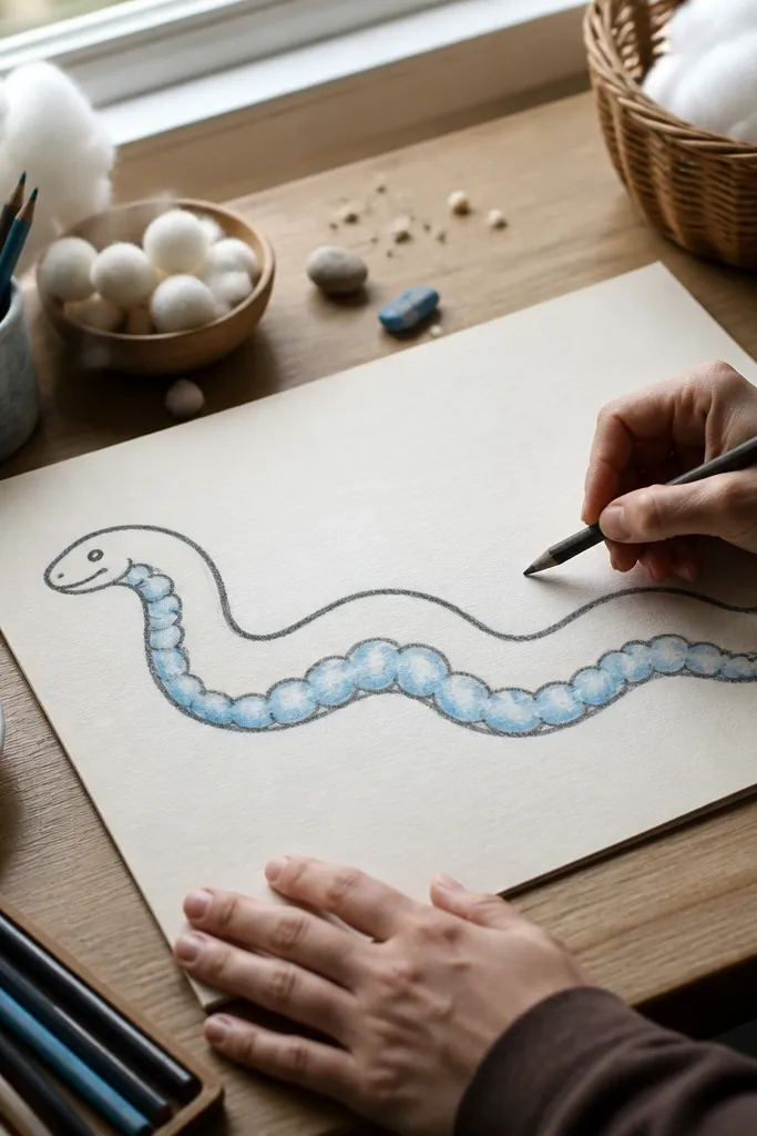 Snake with a rounded belly that looks like a cloud and a friendly face