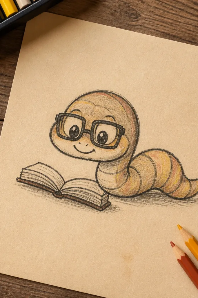 Snake wearing round glasses and holding a tiny book with cute eyes