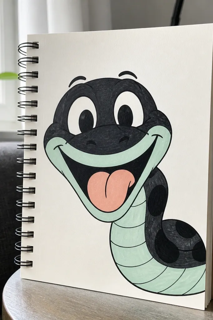 Snake with a friendly sock-puppet look, big smile, and short body