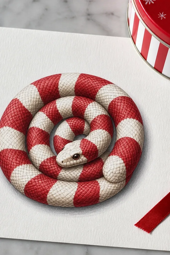 Snake curled with candy-cane red and white stripes and a cute face