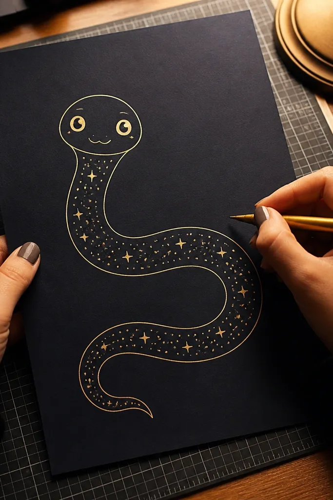 Snake with a dark belly and small stars, friendly eyes, and a simple outline