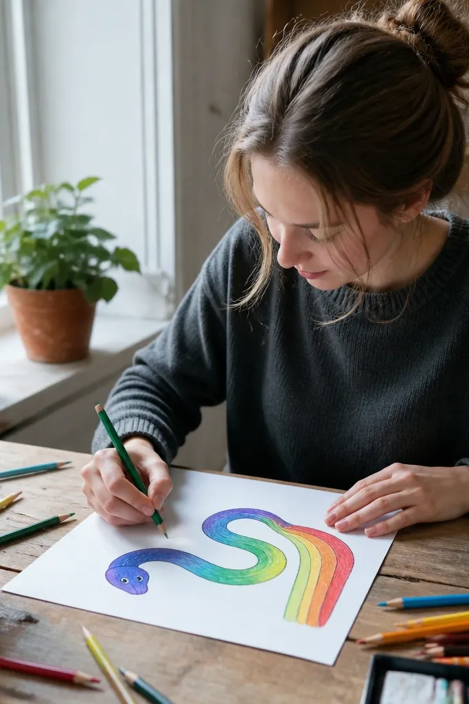 Snake wearing a rainbow scarf, with round eyes and a small smile