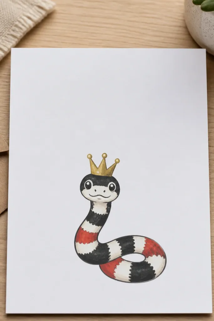 Snake with a tiny crown, friendly eyes, and a small royal pose