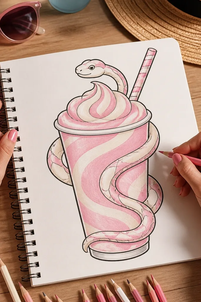 Snake holding a milkshake cup with a swirl and smiling eyes