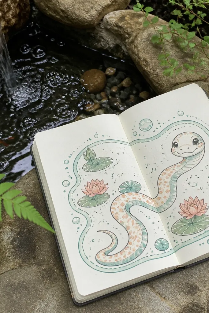 Snake floating in a pond with bubbles and koi-like dots, cute face