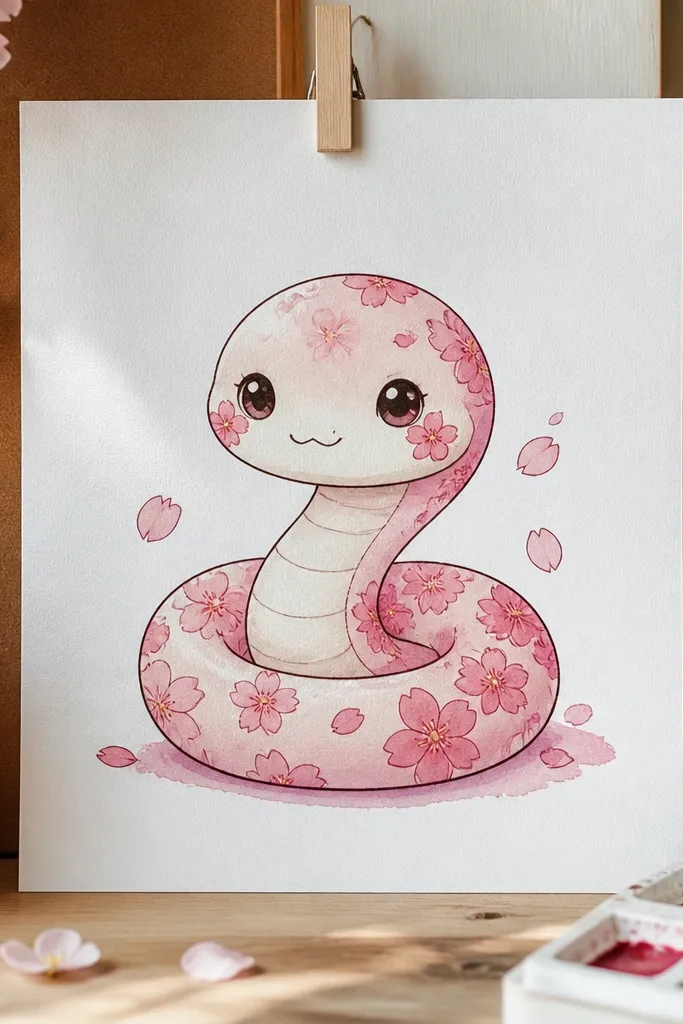 Snake with sakura flower cheek marks, blush, and a friendly face