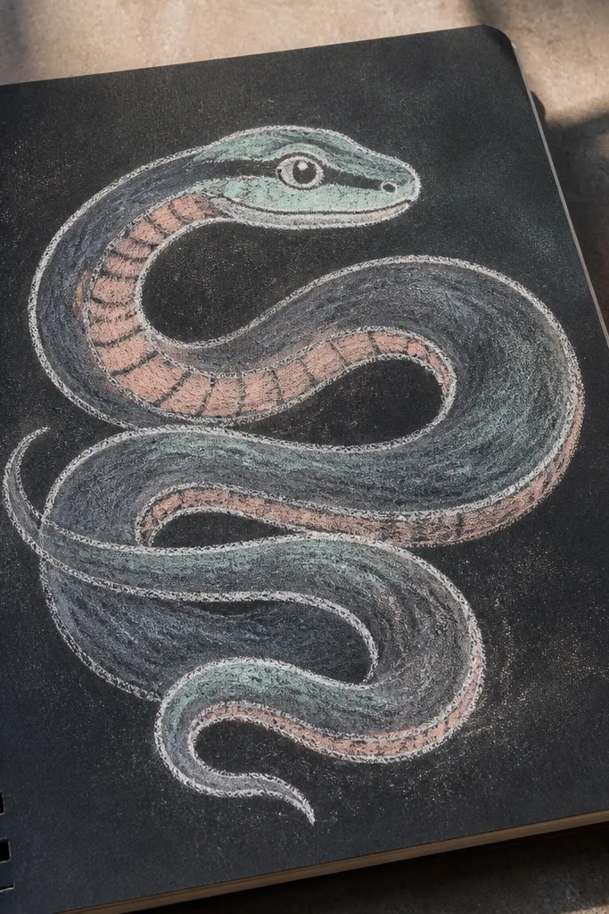 Pastel snake with thick chalky outline and soft shading, cute eyes