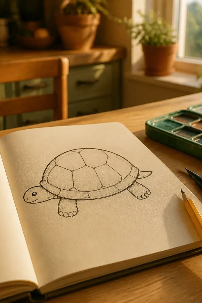 A simple turtle face with an oval shell and clean cartoon legs