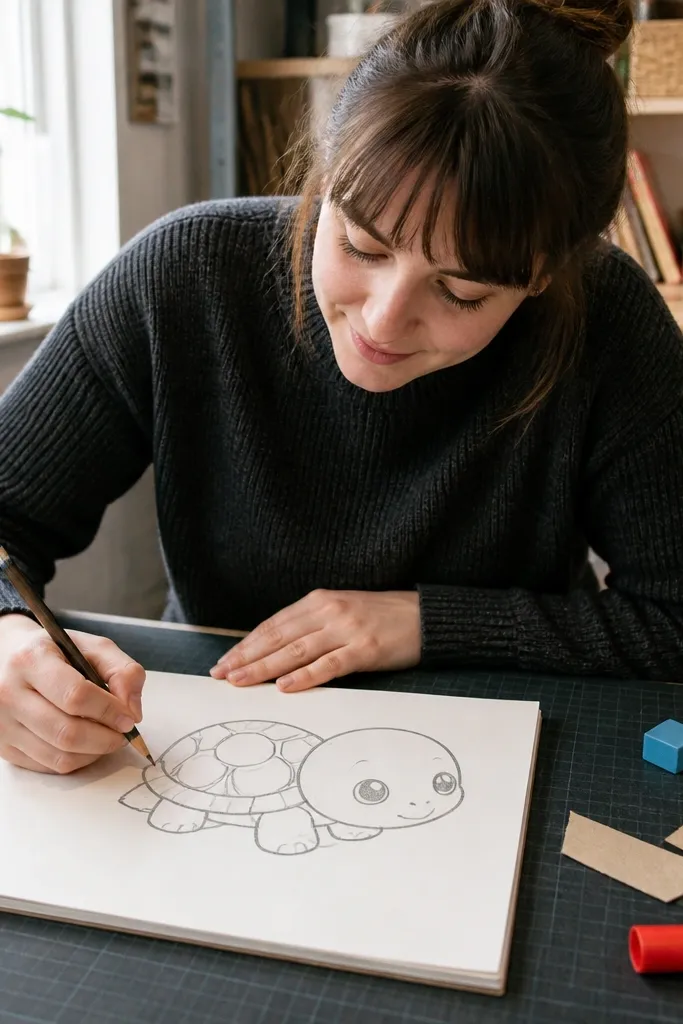 A chibi turtle with a large head and small round shell