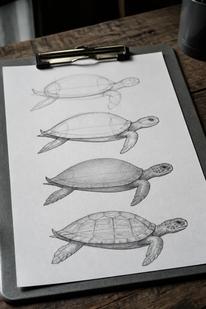 A simple turtle silhouette with legs and a shell outline