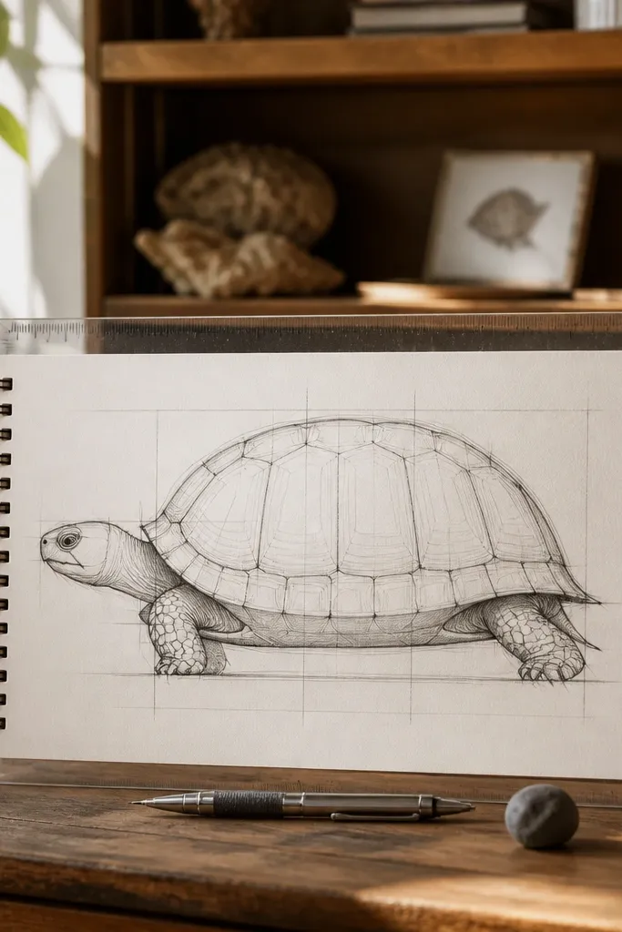 A side-view turtle with a structured shell outline and head curve