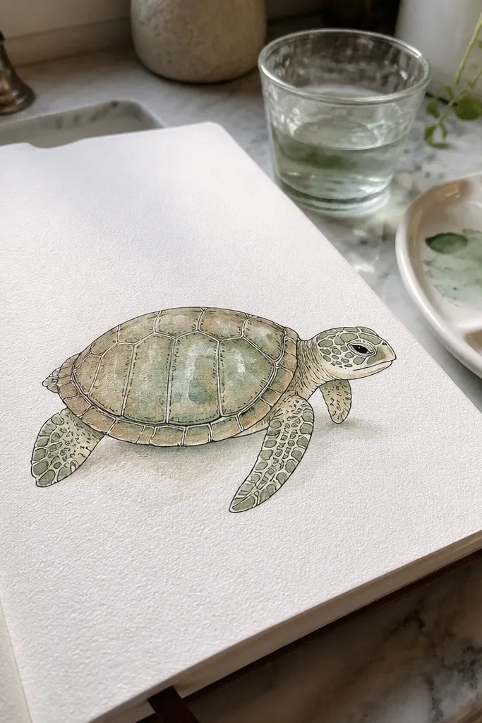 A turtle with watercolor shell wash and inked scute lines