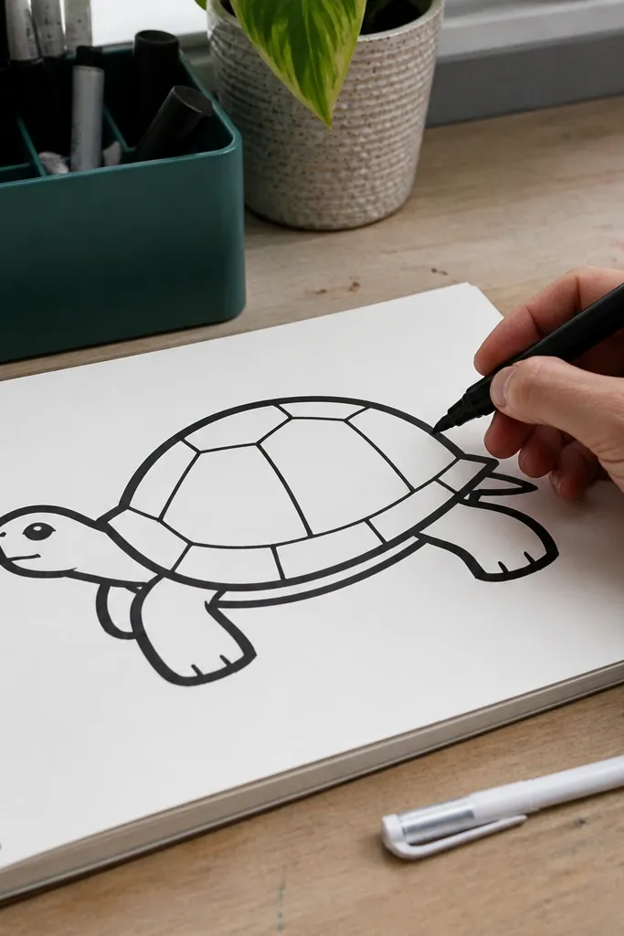 A turtle drawn with bold marker outline and simple interior shapes