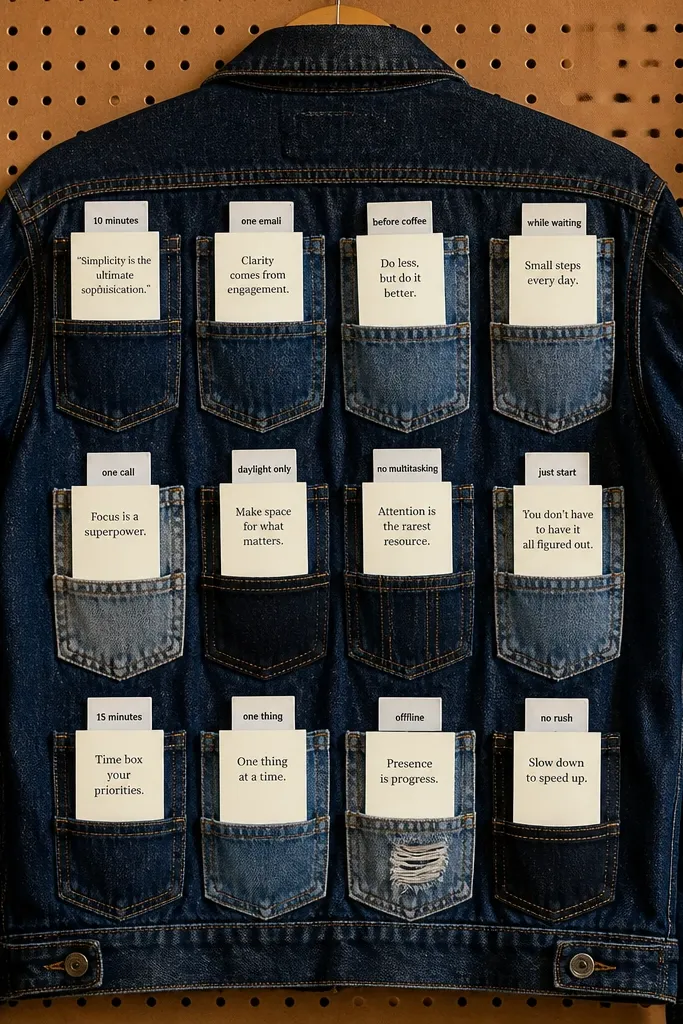 Blue denim fabric with stitched pockets holding white quote cards