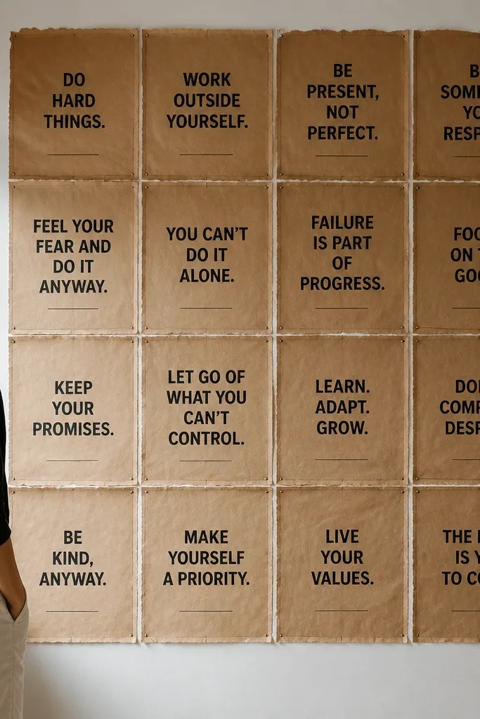 Brown paper squares arranged in a clean grid with black stamped quote text