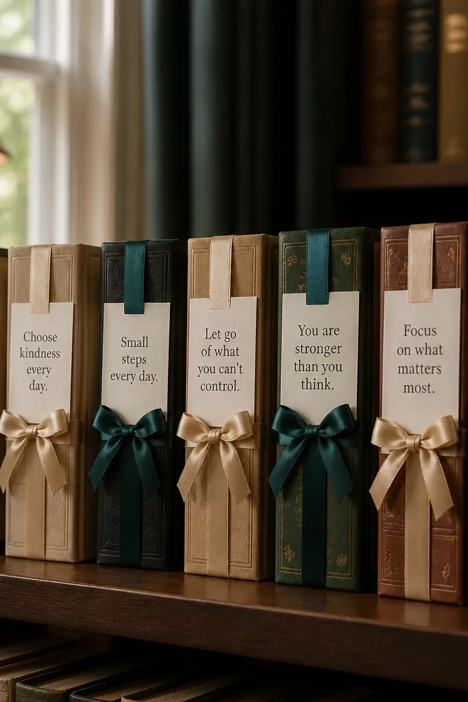 Reused book spines with quote ribbons tied across them