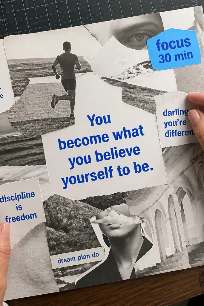 Magazine clippings arranged behind bold single-color quote text