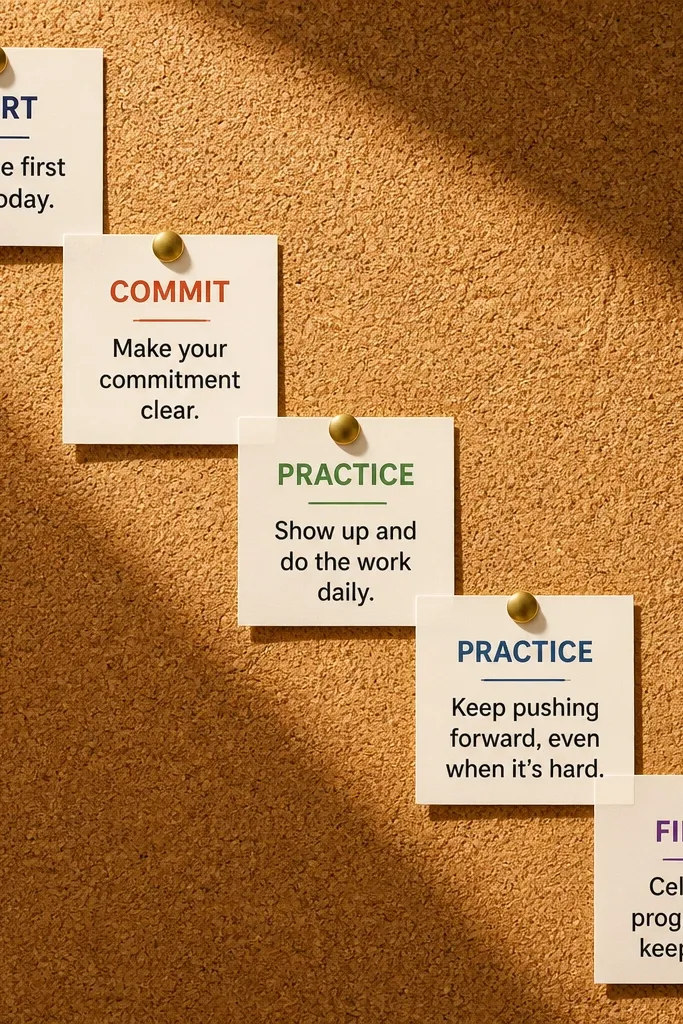 Cork board with quote cards pinned in a diagonal line