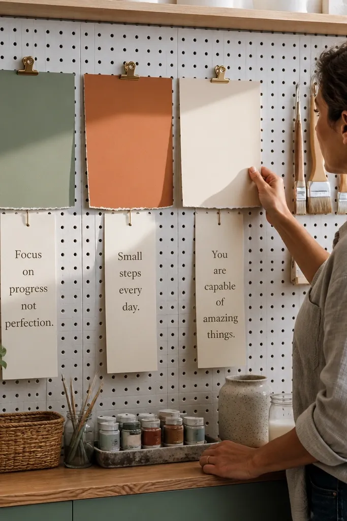 Pegboard with paint swatch strips holding small quote cards