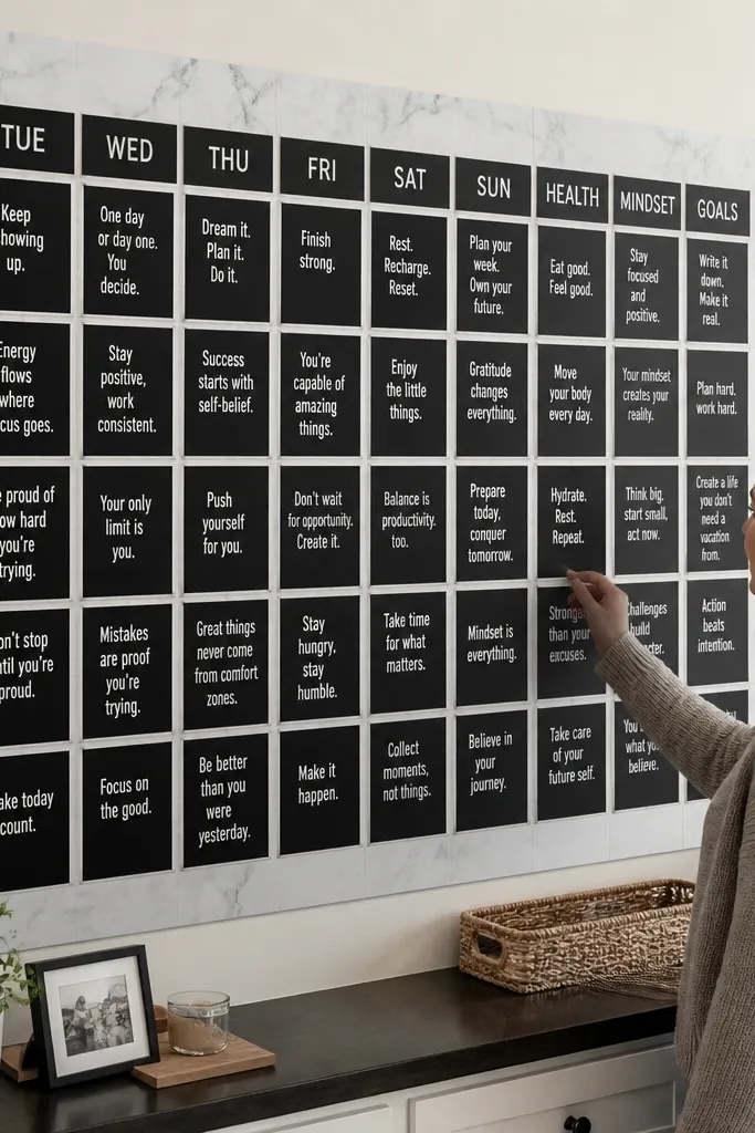 Contact paper tiles arranged in rows with black quote squares