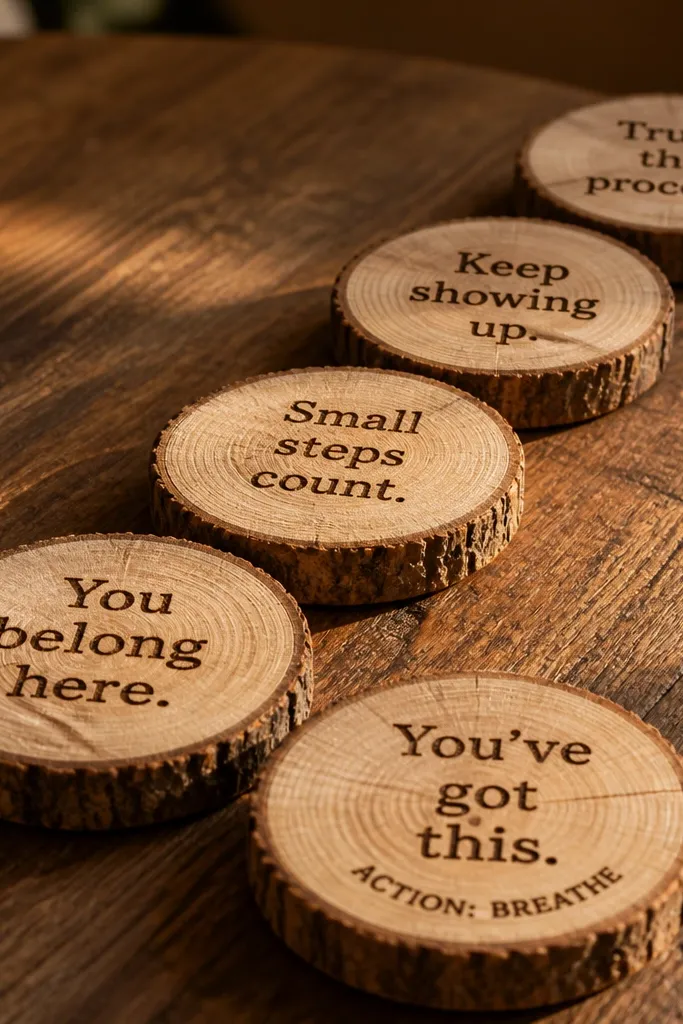 Round wood slices with handwritten quotes mounted in a pattern