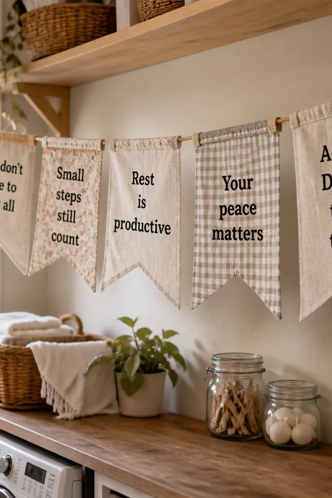 Bunting banner made from fabric scraps with bold quote letters