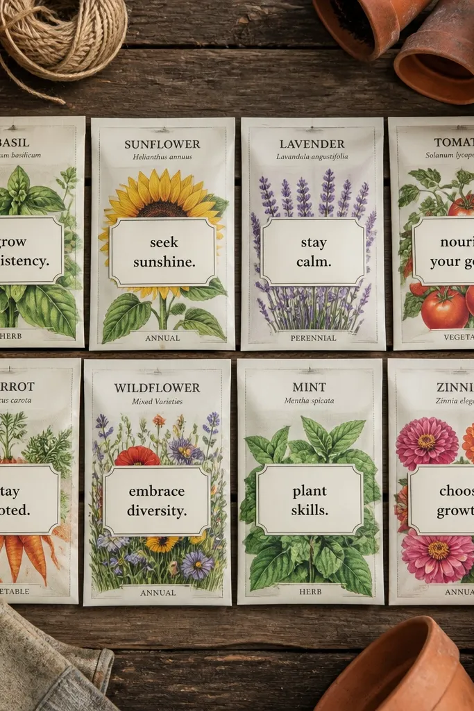 Mini seed packets with quote labels attached in neat rows