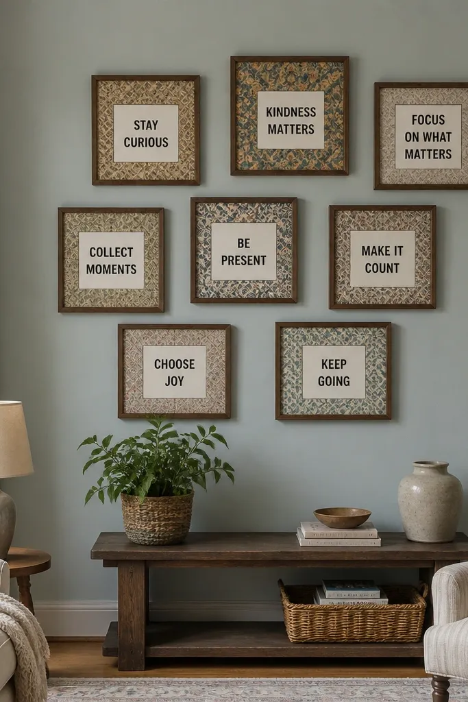 Wallpaper strips mounted in frames with bold quote text