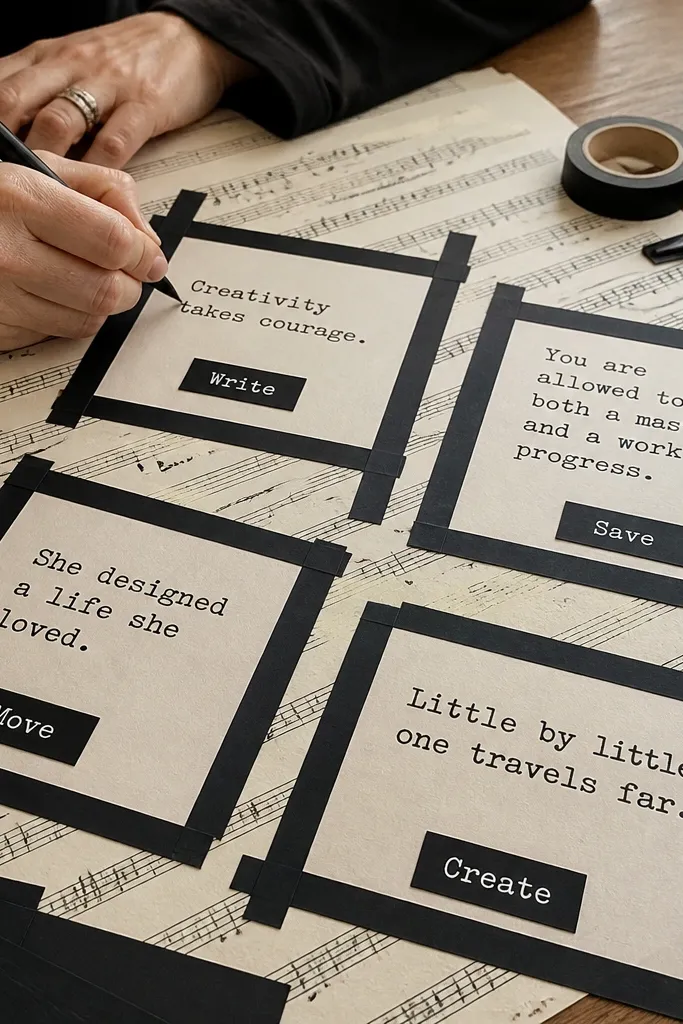 Sheet music collage with bold quotes outlined in black tape