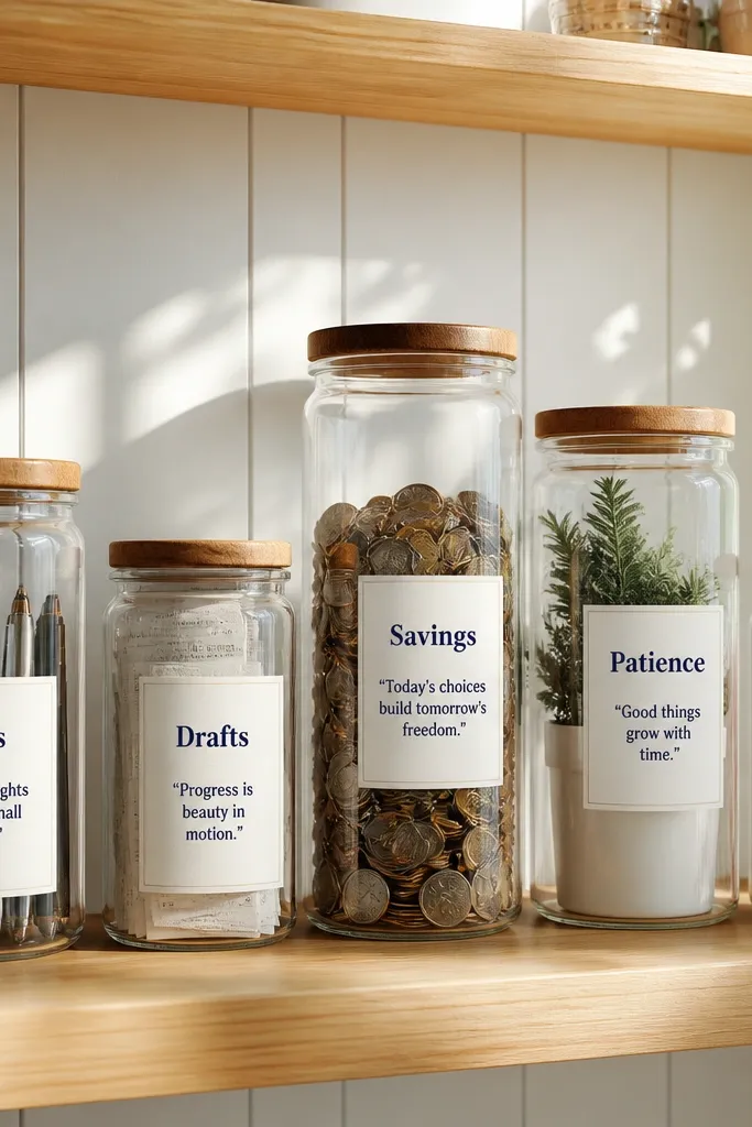 Clear jars on a board with printed quote labels on front