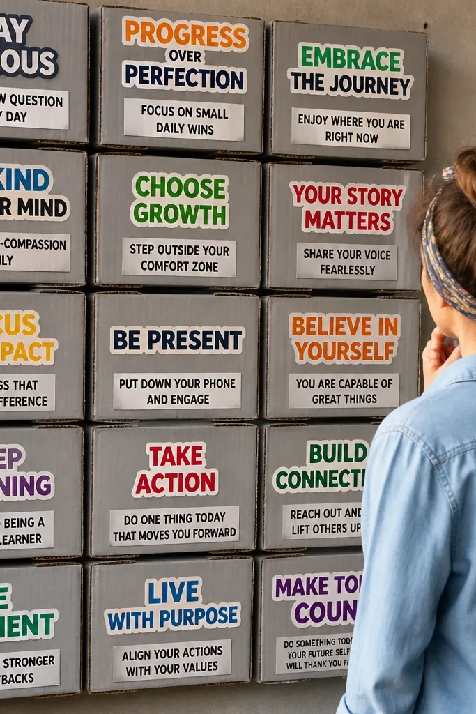 Cardboard bricks arranged like Lego with short quote stickers
