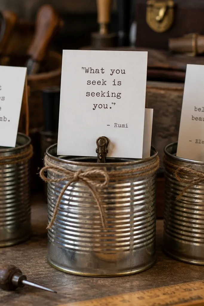 Small tin cans holding quote cards tied with twine