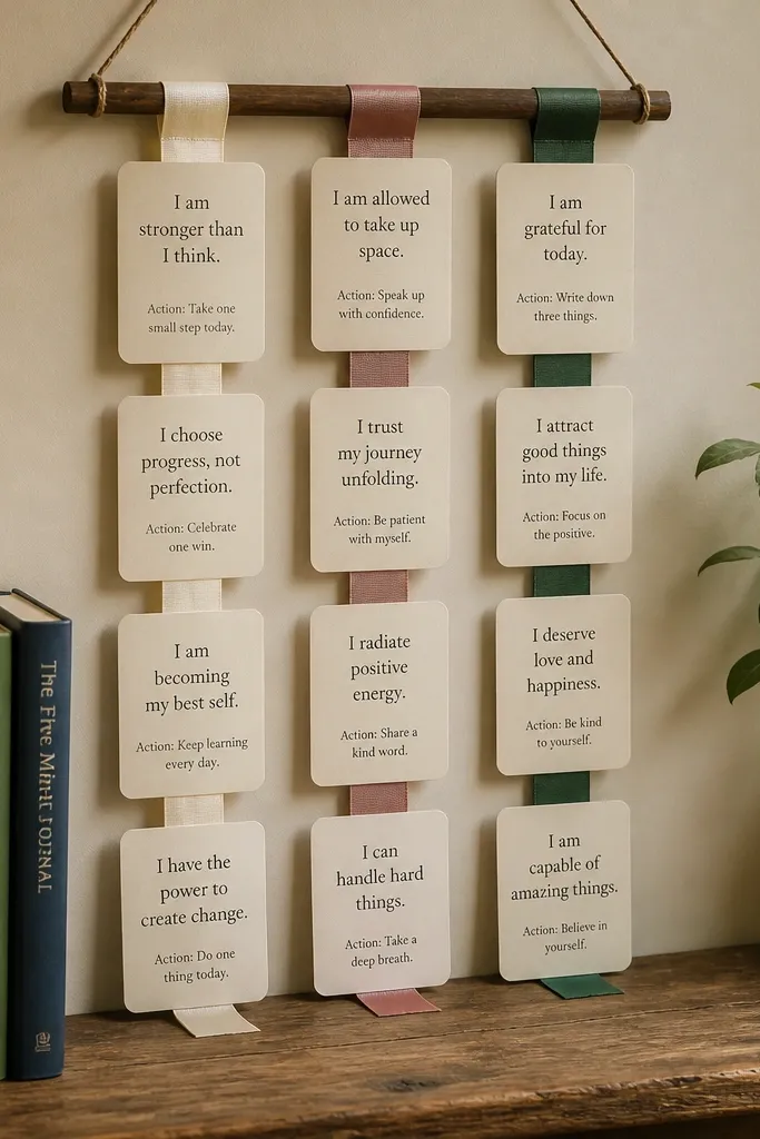 Multiple ribbon bookmarks with quote cards hanging from a wooden bar