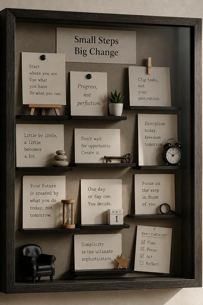 Shadow box with layered quote cards labeled as steps