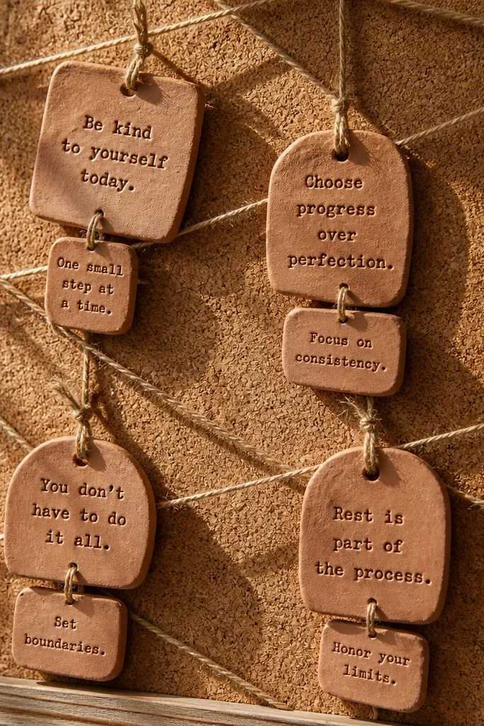Small clay tags with quotes tied to a board with twine