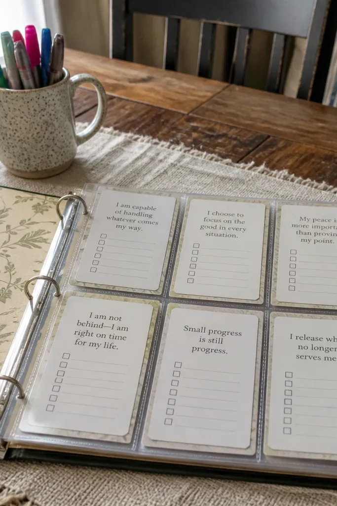 Laminated quote cards with checkboxes clipped on binder rings